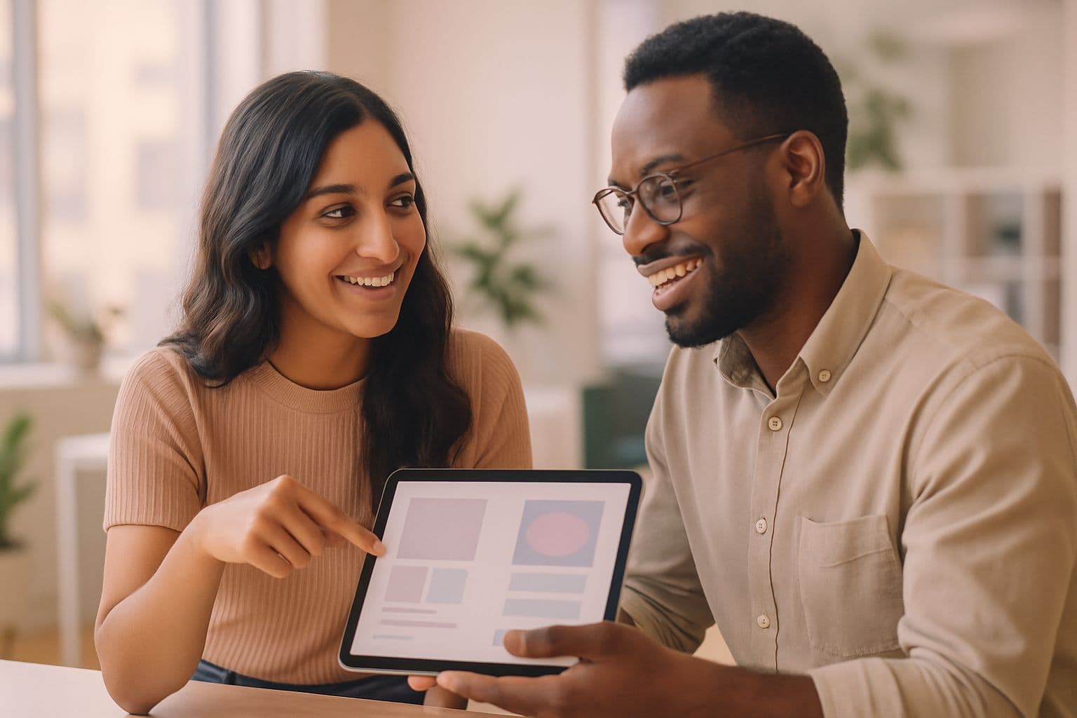 Two colleagues comparing website designs on a tablet in a modern office