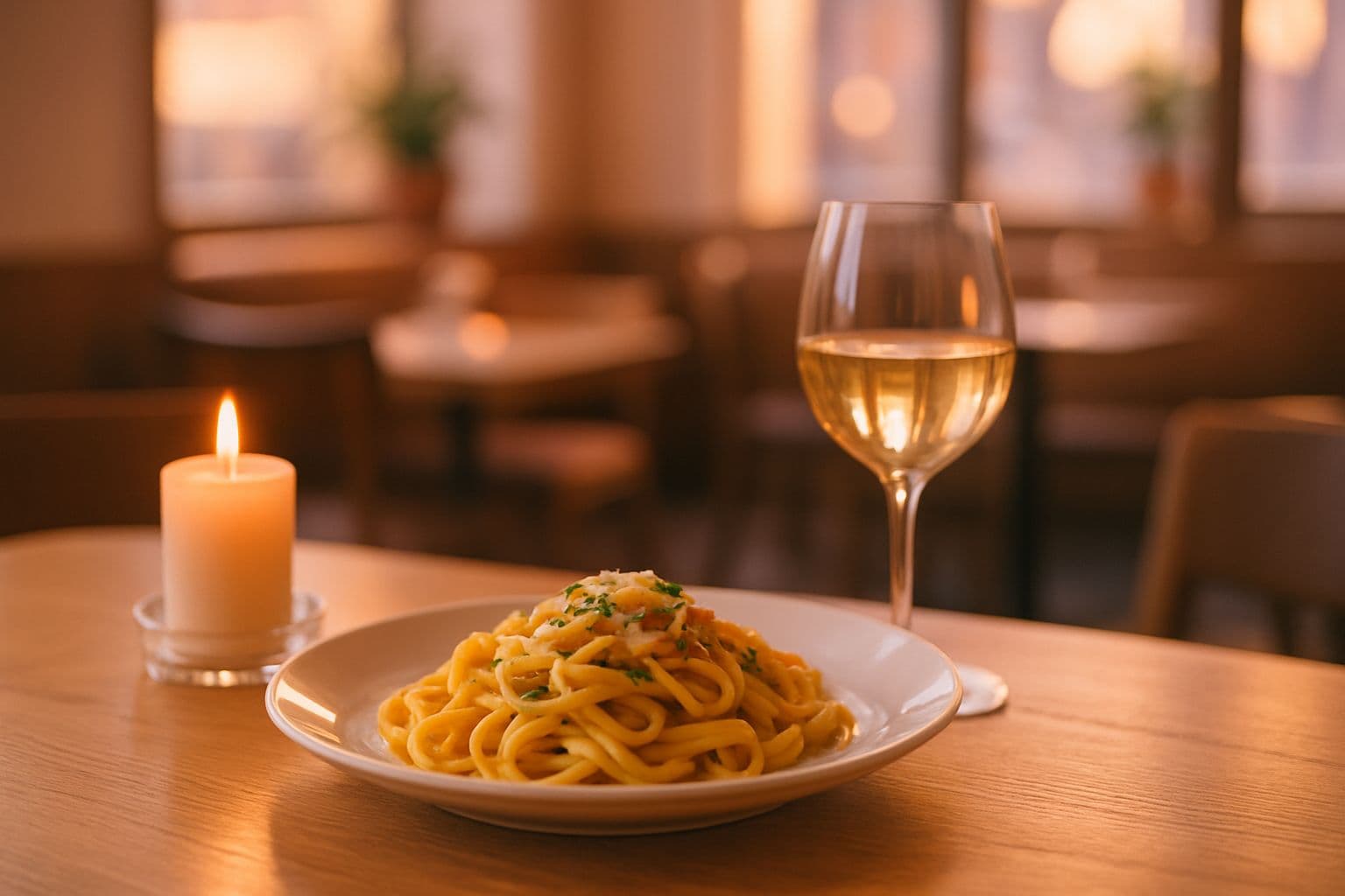 A warmly lit restaurant table set with pasta, wine glasses and candles