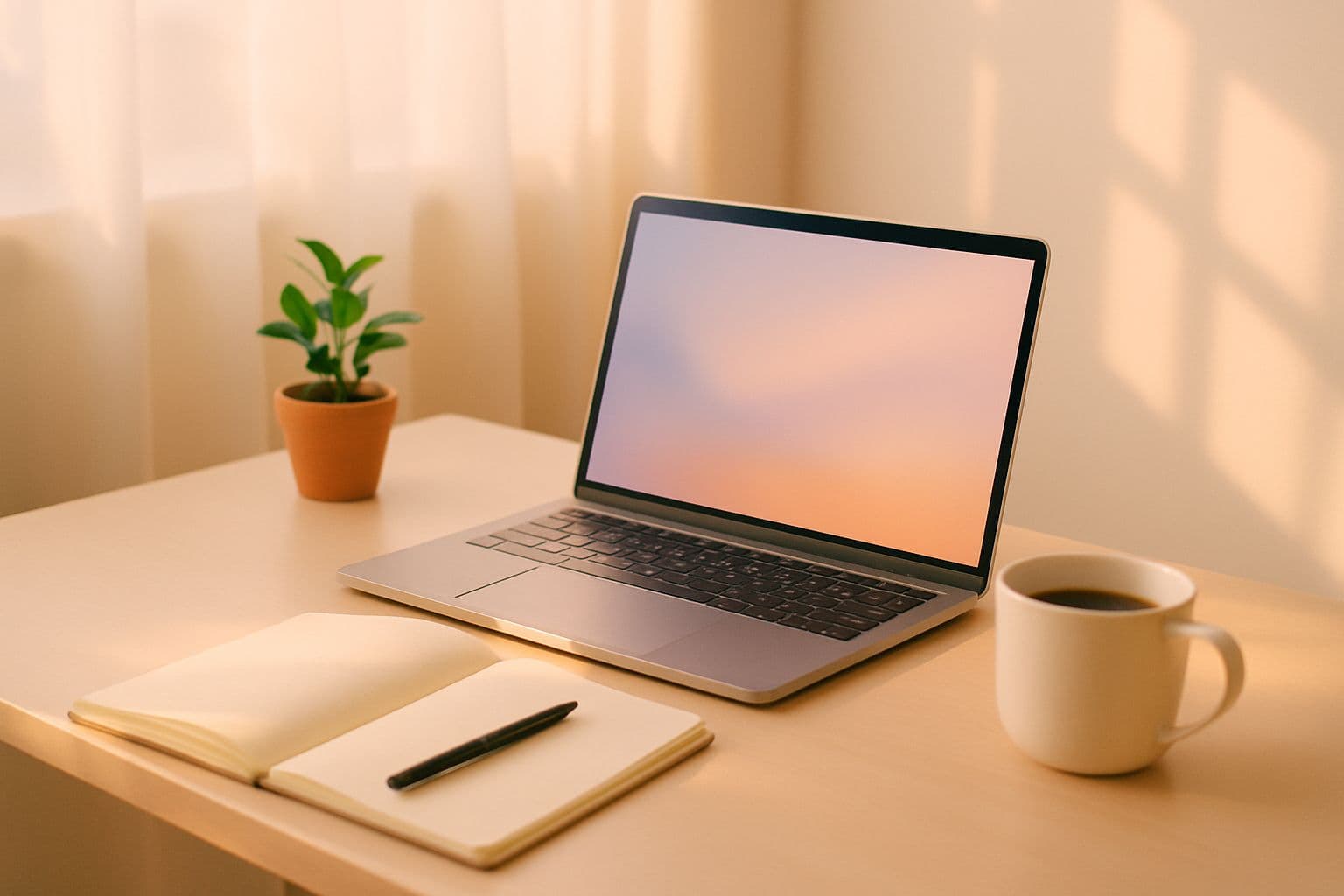 A bright home office desk with a laptop, notebook and coffee