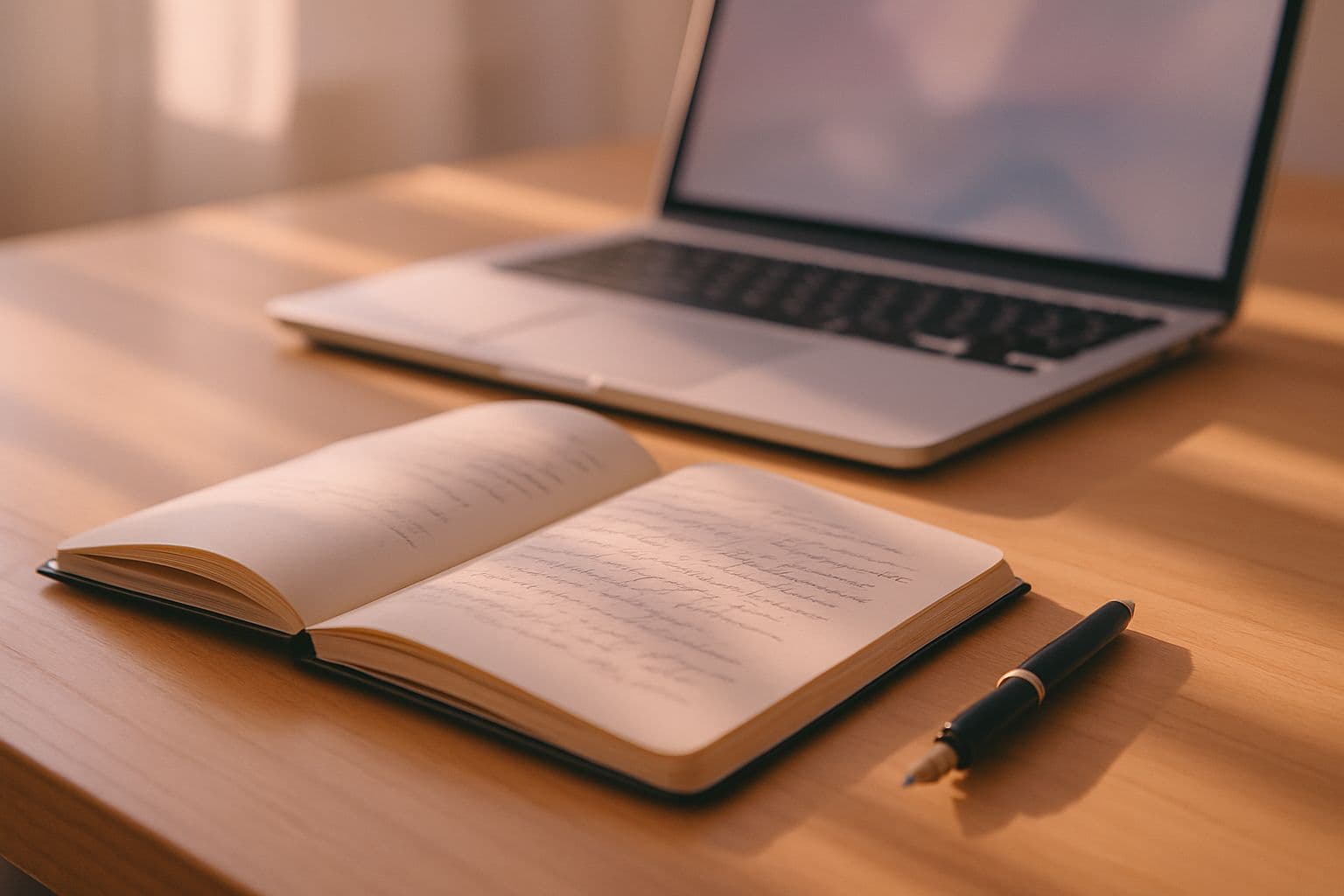 A notebook with handwritten notes beside a laptop on a sunny desk