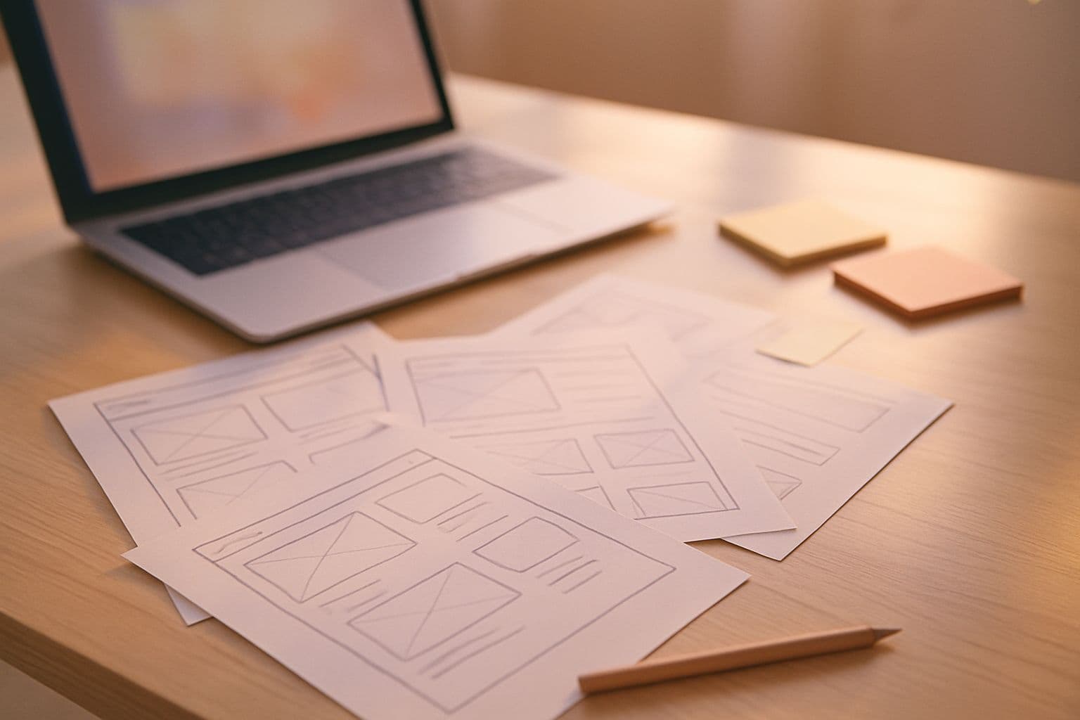 Website wireframe sketches on paper next to a laptop