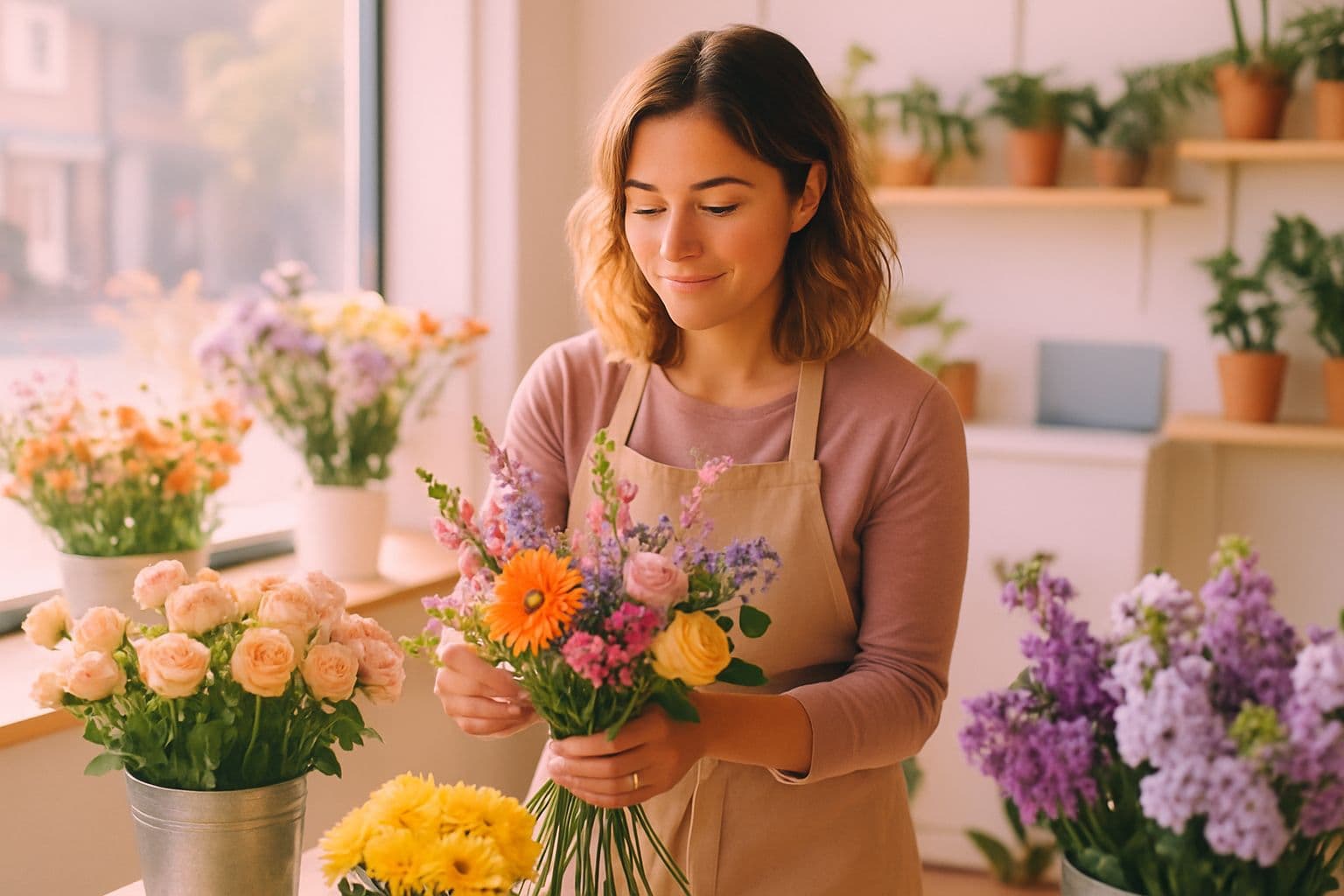 A florist arranging flowers in a sunny independent shop